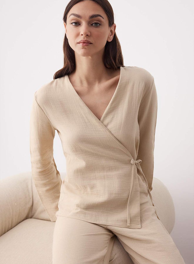 trendyol Beige 100% Cotton Lacing Detailed Double Breasted Collar Muslin Woven Pajama Set - Image 1