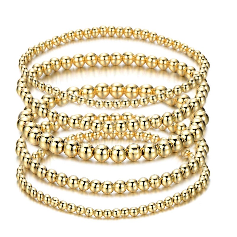 ARATLENCH Gold Beaded Bracelet for Women 14 K Gold Plated Ball Beads Bracelet Stack Stretch String Friendship Bracelet Mens Classic Bold Gold Color Brass Beads Bracelet Set for Girls - Image 1
