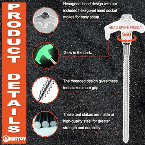 KriToy 12 Pack Tent Stakes Heavy Duty - 8" Ground Anchors Screw in - Camping Stakes with Grow in The Dark Heads - Metal Threaded Tent Spikes with Hex Head Driver and Storage Box - Image 2