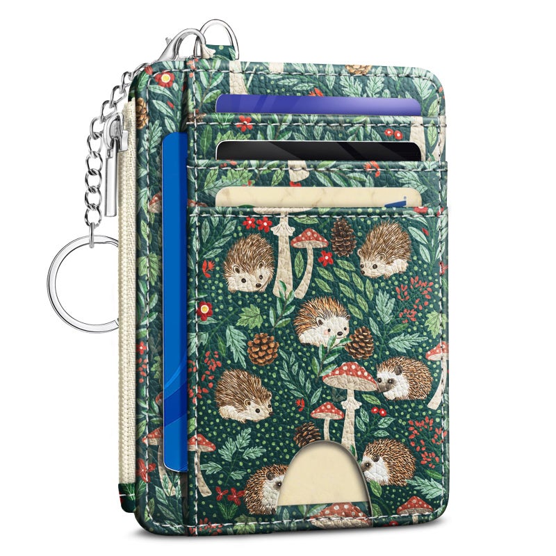 Kelvoris Cute Hedgehog Credit Card Holder Small Wallet Women, Mushrooms Slim RFID Blocking Wallet Woman Keychain with Zipper Coin Pocket, Front Pocket Thin Travel Card Case with ID Window Ladies Gifts - Image 1