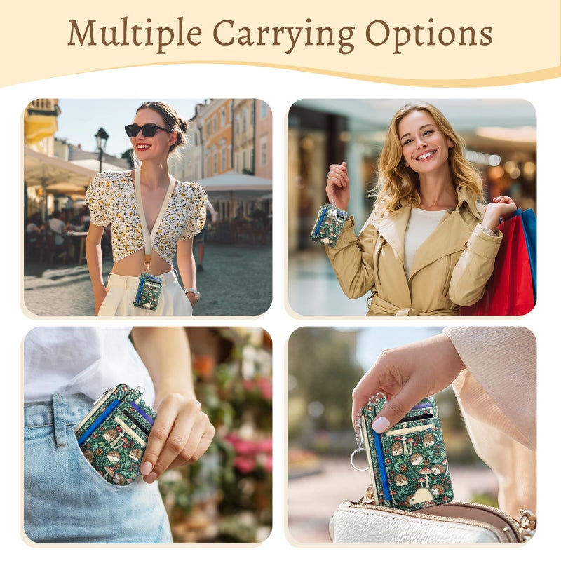 Kelvoris Cute Hedgehog Credit Card Holder Small Wallet Women, Mushrooms Slim RFID Blocking Wallet Woman Keychain with Zipper Coin Pocket, Front Pocket Thin Travel Card Case with ID Window Ladies Gifts - Image 2