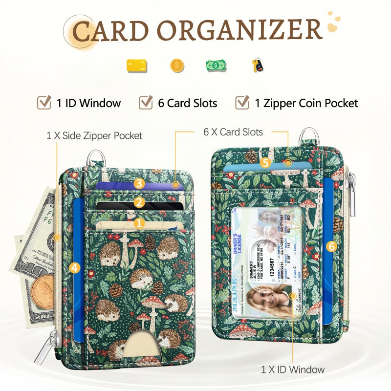 Kelvoris Cute Hedgehog Credit Card Holder Small Wallet Women, Mushrooms Slim RFID Blocking Wallet Woman Keychain with Zipper Coin Pocket, Front Pocket Thin Travel Card Case with ID Window Ladies Gifts - Image 3