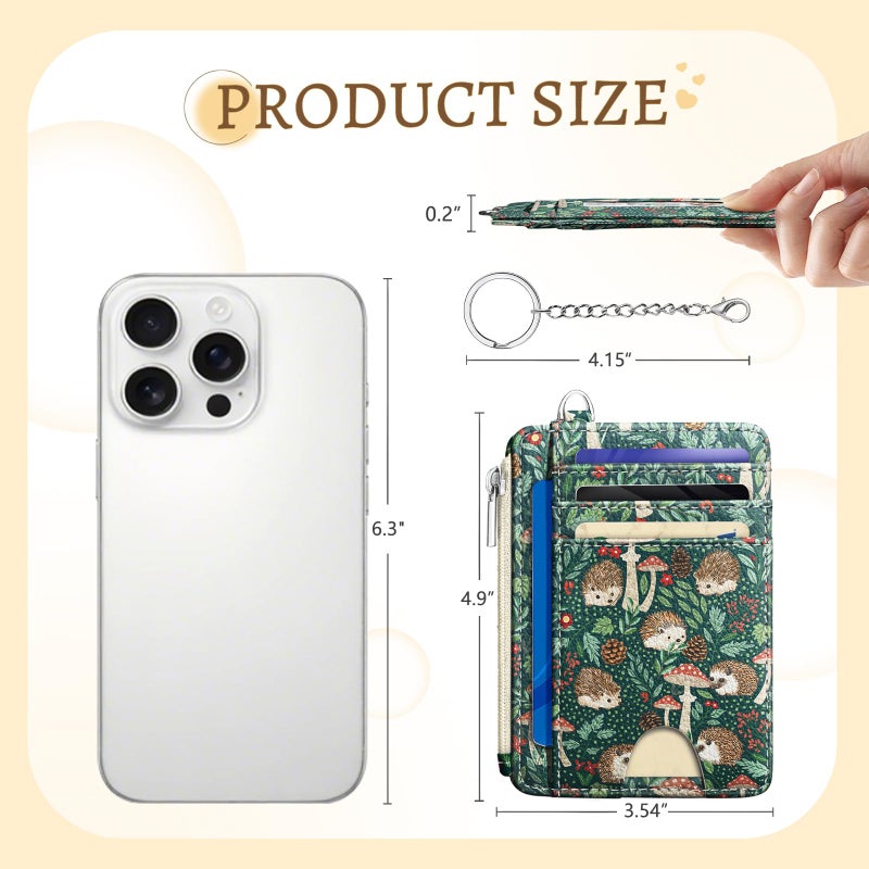 Kelvoris Cute Hedgehog Credit Card Holder Small Wallet Women, Mushrooms Slim RFID Blocking Wallet Woman Keychain with Zipper Coin Pocket, Front Pocket Thin Travel Card Case with ID Window Ladies Gifts - Image 5
