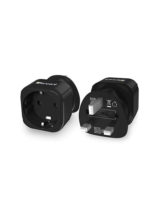 Lencent LENCENT 2Pcs EU to UK Plug Adapter, Europe Schuko 2 Pin to 3 Pin UK Travel Adaptor, European Euro to British Adapter- Black  - Image 2