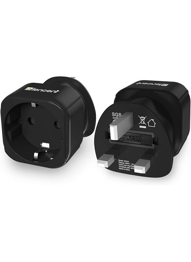 Lencent LENCENT 2Pcs EU to UK Plug Adapter, Europe Schuko 2 Pin to 3 Pin UK Travel Adaptor, European Euro to British Adapter- Black  - Image 1