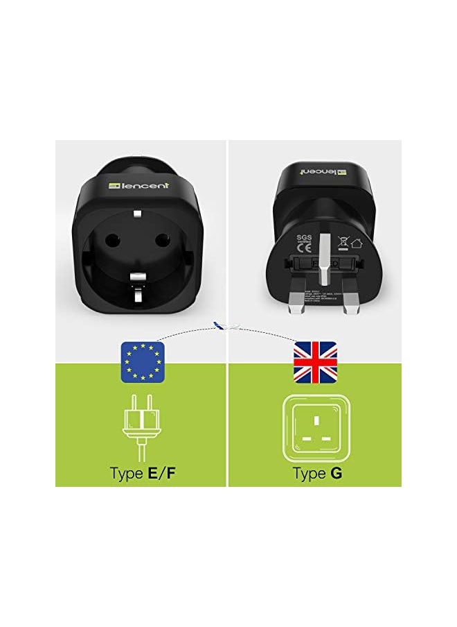Lencent LENCENT 2Pcs EU to UK Plug Adapter, Europe Schuko 2 Pin to 3 Pin UK Travel Adaptor, European Euro to British Adapter- Black  - Image 3