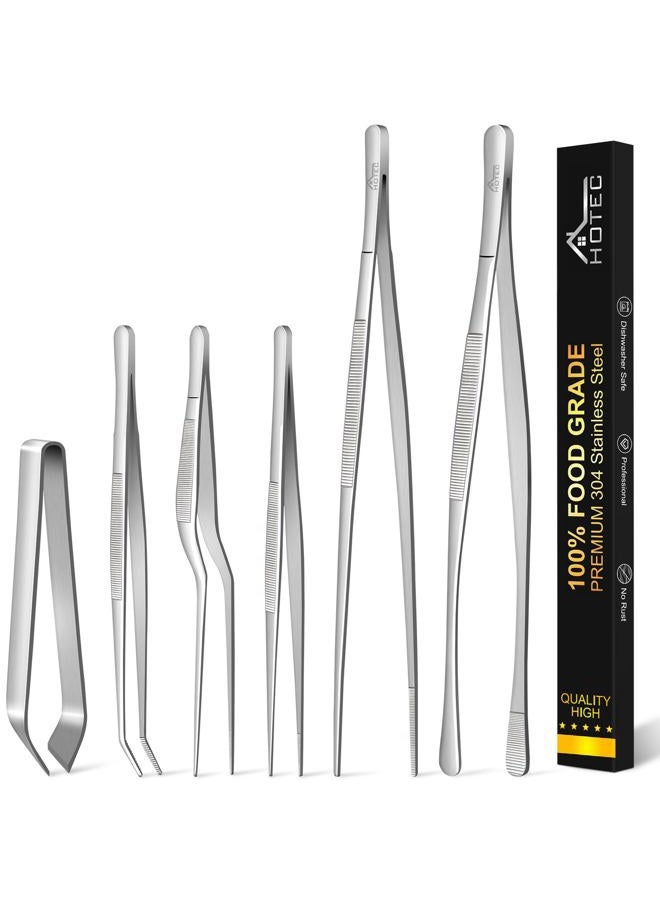 Hotec 6pcs Stainless Steel Kitchen Tweezer Set (12'' & 6.3'') - Professional Cooking Tweezers for Chefs, BBQ, Seafood, Baking & Repair - Image 1