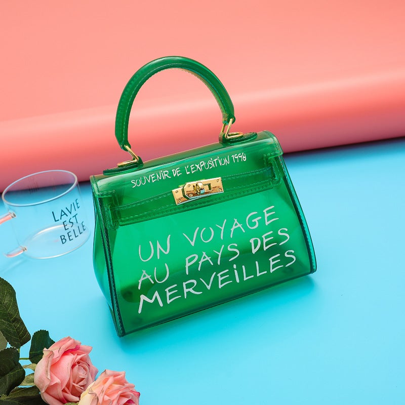 2023 Spring and Summer New Printed Kelly Jelly Bag Korean Candy Color Transparent Shoulder Crossbody Bag Womens Handbag Green trumpet 