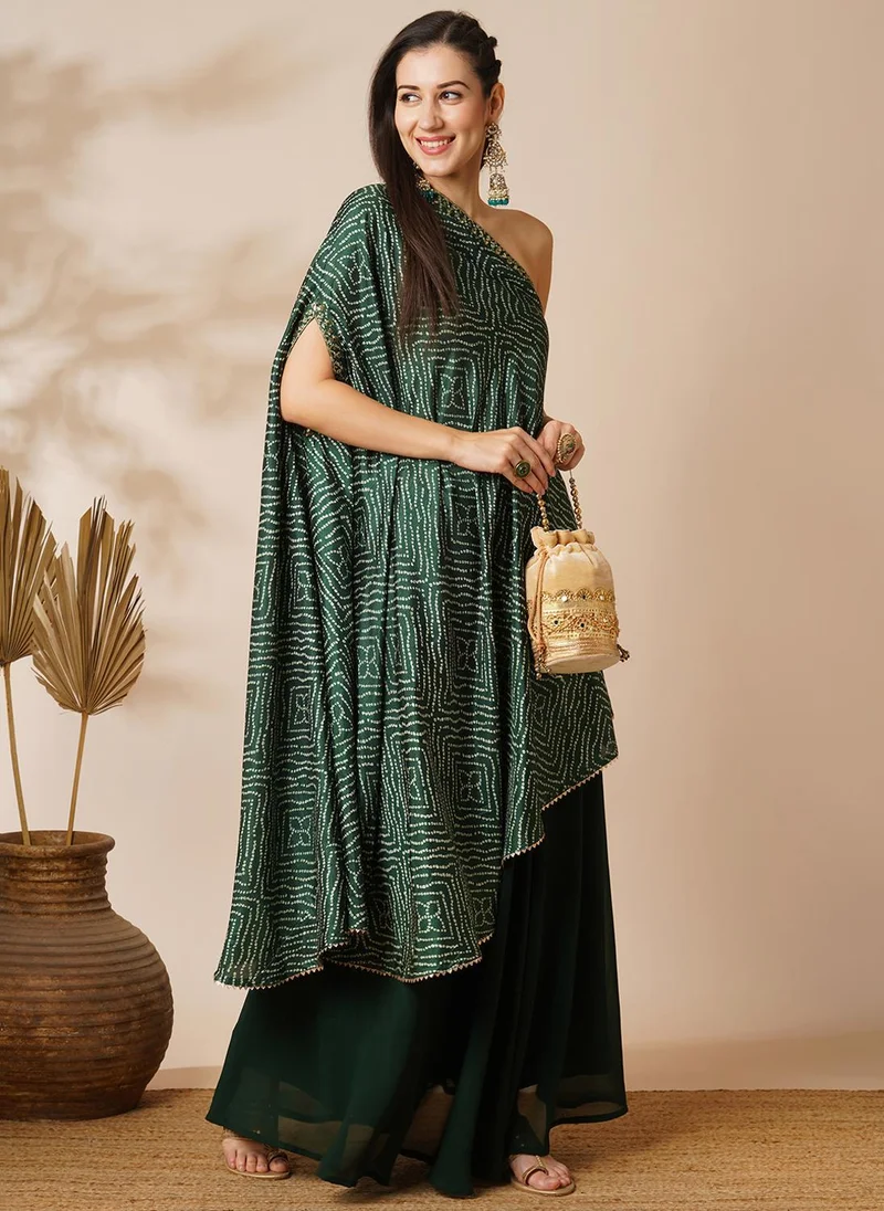 globus Globus Women Green Bandhani Printed Embroidered One Shoulder Tunic & Skirt Festive Set