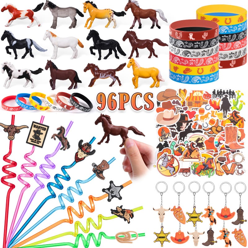 SNLN Western Cowboy Party Favors Rodeo Birthday Supplies for Kids Miniature Horse Toys Straw Silicone Bracelet Keychain Sticker Filler Goodie Bag Stuffers Cowboy Western Party Favors Supplies - Image 3