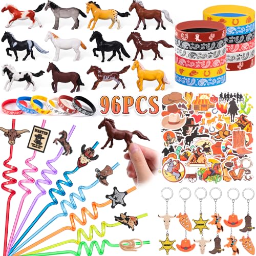 SNLN Western Cowboy Party Favors Rodeo Birthday Supplies for Kids Miniature Horse Toys Straw Silicone Bracelet Keychain Sticker Filler Goodie Bag Stuffers Cowboy Western Party Favors Supplies - Image 1