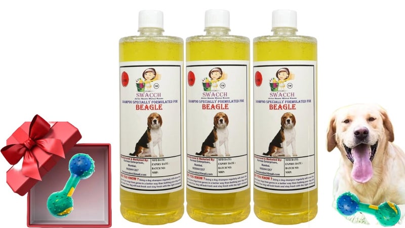 swacch Beagle Dog Shampoo + Dumbbell Toy I Durable Rubber Dog Toy for Chewing I Playing,Teeth Cleaning & Training Toy I Combo Pack I 1 Litre Pack of 3 Lemon - Image 1