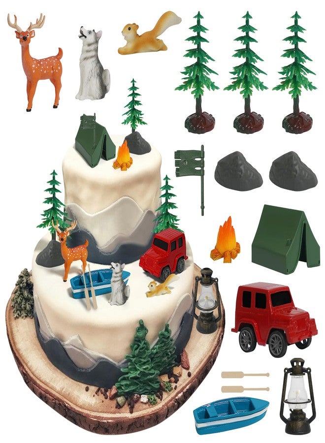 Vidotim 16Pcs Camping Cake Toppers for Camping Fans' Birthday Supplies, Camp Cake Decorations for Boys, Fireside Camp Forest Cake Decors for Kids Camping Forest Theme Party - Image 1