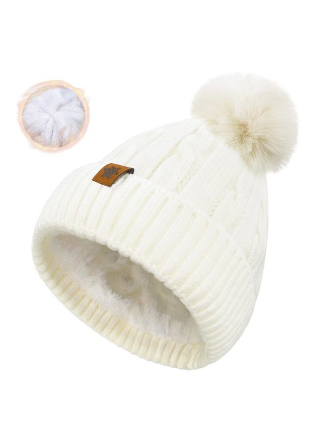 YUHAN PRETTY Winter Beanie Hats for Women Pom Pom Wool Cable Knit Thermal Fleece Warm Faux Fur Beanies for Cold Weather, Ivory, M-L - Image 1