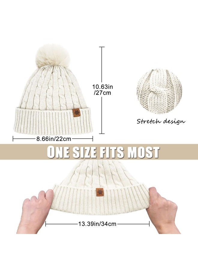 YUHAN PRETTY Winter Beanie Hats for Women Pom Pom Wool Cable Knit Thermal Fleece Warm Faux Fur Beanies for Cold Weather, Ivory, M-L - Image 2