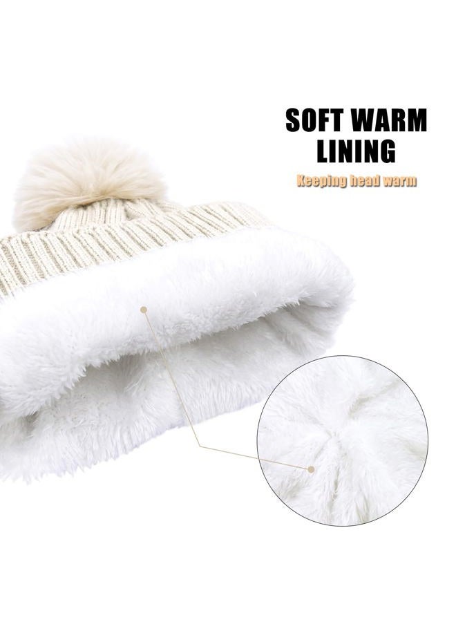 YUHAN PRETTY Winter Beanie Hats for Women Pom Pom Wool Cable Knit Thermal Fleece Warm Faux Fur Beanies for Cold Weather, Ivory, M-L - Image 3