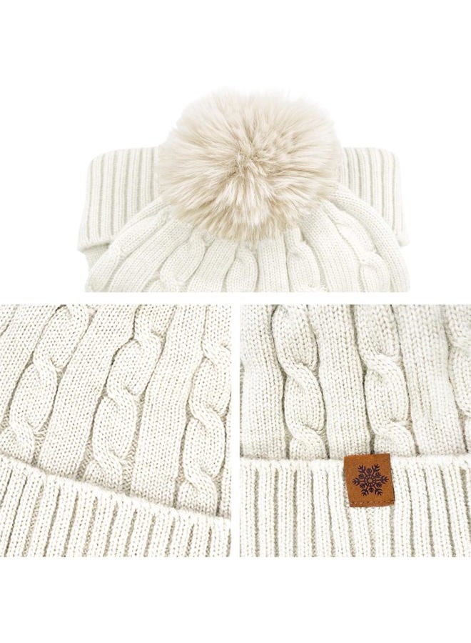 YUHAN PRETTY Winter Beanie Hats for Women Pom Pom Wool Cable Knit Thermal Fleece Warm Faux Fur Beanies for Cold Weather, Ivory, M-L - Image 4