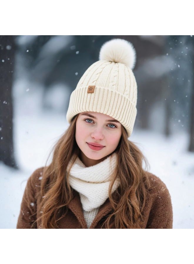 YUHAN PRETTY Winter Beanie Hats for Women Pom Pom Wool Cable Knit Thermal Fleece Warm Faux Fur Beanies for Cold Weather, Ivory, M-L - Image 5