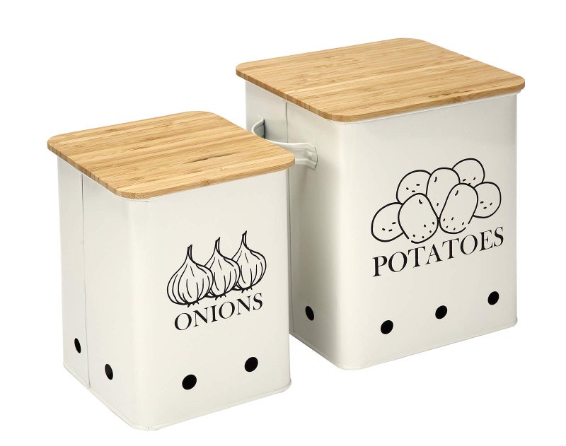 Xbopetda Potato Onion Storage Bin Kitchen Storage Canister Set of 2 Kitchen Pantry Organizer Tin  Vegetable Fresh Keeper with Aerating Tin Storage Holes  Wooden Lid White