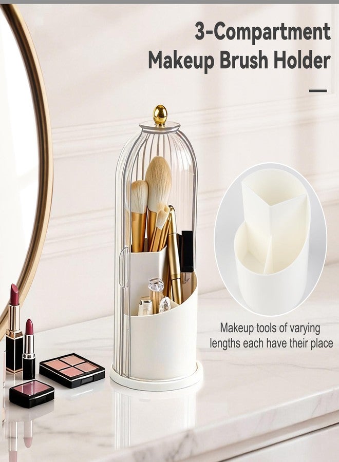 Hvygss 360° Rotating Makeup Brush Holder with Lid, Waterproof Three-Compartment Makeup Organizer, 180° Side-Pull Door Desk Organizer, Dustproof Brush Holder for Vanity and Bathroom (Transparent) - Image 2