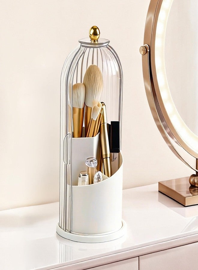 Hvygss 360° Rotating Makeup Brush Holder with Lid, Waterproof Three-Compartment Makeup Organizer, 180° Side-Pull Door Desk Organizer, Dustproof Brush Holder for Vanity and Bathroom (Transparent) - Image 1