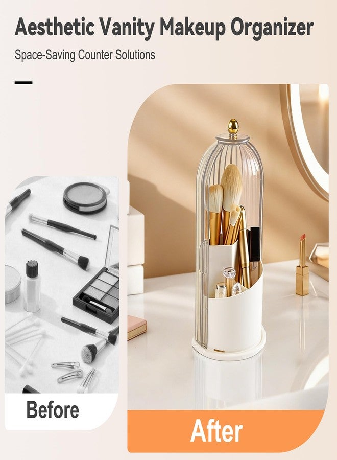 Hvygss 360° Rotating Makeup Brush Holder with Lid, Waterproof Three-Compartment Makeup Organizer, 180° Side-Pull Door Desk Organizer, Dustproof Brush Holder for Vanity and Bathroom (Transparent) - Image 5