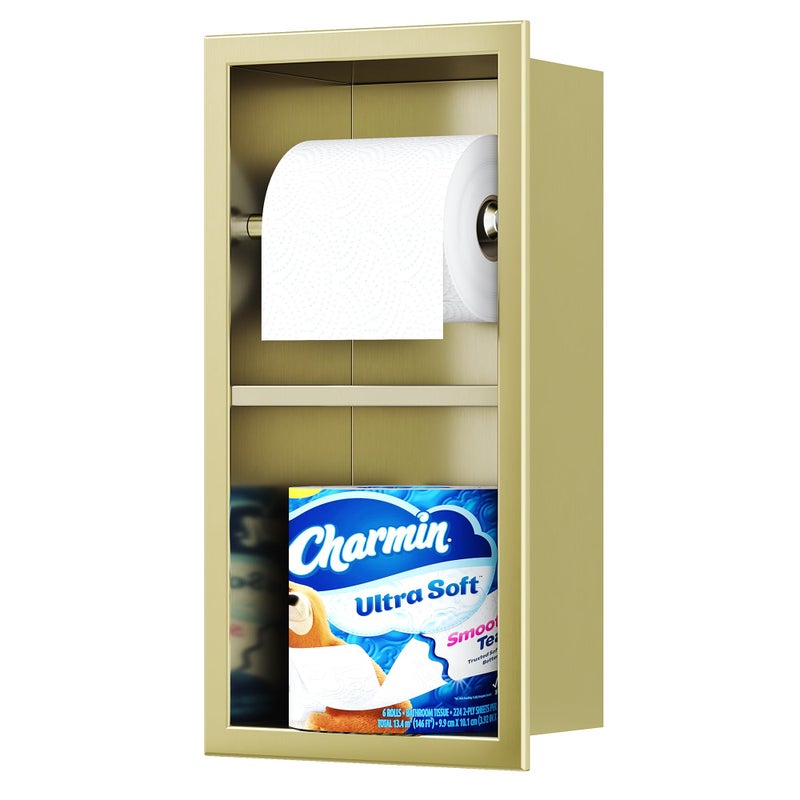Qeke Recessed Toilet Paper Holder  304 Stainless Steel Bathroom Toilet Paper Holder with Storage  in Wall Tissue Toilet Roll Holder  Brushed Golden - Image 1