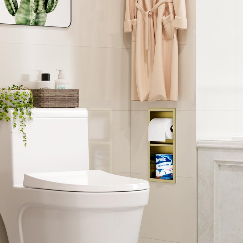 Qeke Recessed Toilet Paper Holder  304 Stainless Steel Bathroom Toilet Paper Holder with Storage  in Wall Tissue Toilet Roll Holder  Brushed Golden - Image 5