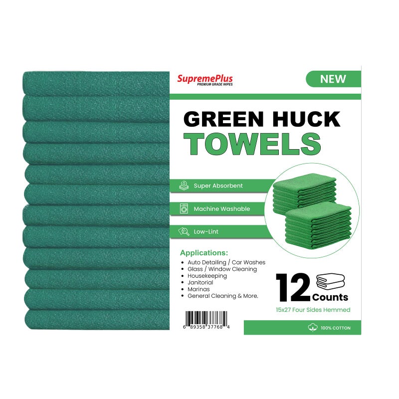 SupremePlus Premium Green Huck Towels â€“ (12 Pack) 15 x 27 inches 100% Cotton Bulk Towel for General Cleaning, Auto Shop, and Hospital Use, Super Absorbent, Machine Washable Cloth - Image 2