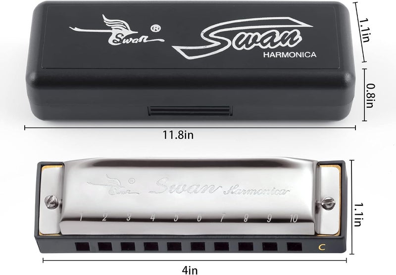 SWAN Blues Harmonica C Key for Kids Adults, 10 Hole Diatonic Harmonica Key of C, Metal Blues Harp for Beginners Students, Mouth Organ in Case, Silver - Image 2