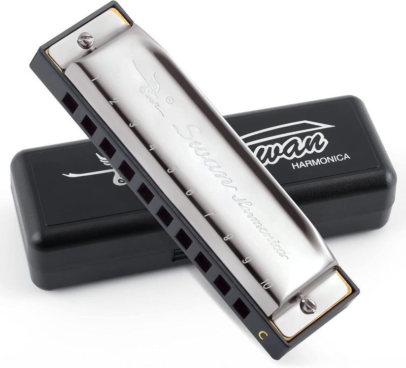 SWAN Blues Harmonica C Key for Kids Adults, 10 Hole Diatonic Harmonica Key of C, Metal Blues Harp for Beginners Students, Mouth Organ in Case, Silver - Image 1