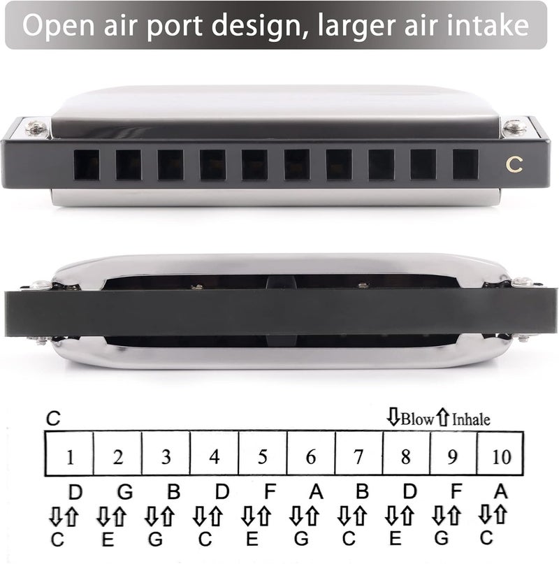 SWAN Blues Harmonica C Key for Kids Adults, 10 Hole Diatonic Harmonica Key of C, Metal Blues Harp for Beginners Students, Mouth Organ in Case, Silver - Image 4