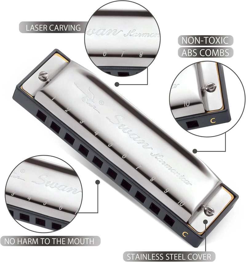 SWAN Blues Harmonica C Key for Kids Adults, 10 Hole Diatonic Harmonica Key of C, Metal Blues Harp for Beginners Students, Mouth Organ in Case, Silver - Image 3