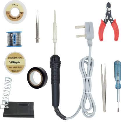 Hillgrove 10In1 Basic Complete 30W Soldering Iron Kit with 5 Meter Solder Wire, Cutter, Stand, Flux, Bit, Tape, Tester, Tweezer, Wick 30 W Simple (Flat Tip) - Image 1