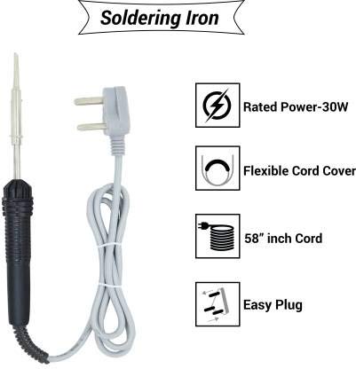 Hillgrove 10In1 Basic Complete 30W Soldering Iron Kit with 5 Meter Solder Wire, Cutter, Stand, Flux, Bit, Tape, Tester, Tweezer, Wick 30 W Simple (Flat Tip) - Image 2