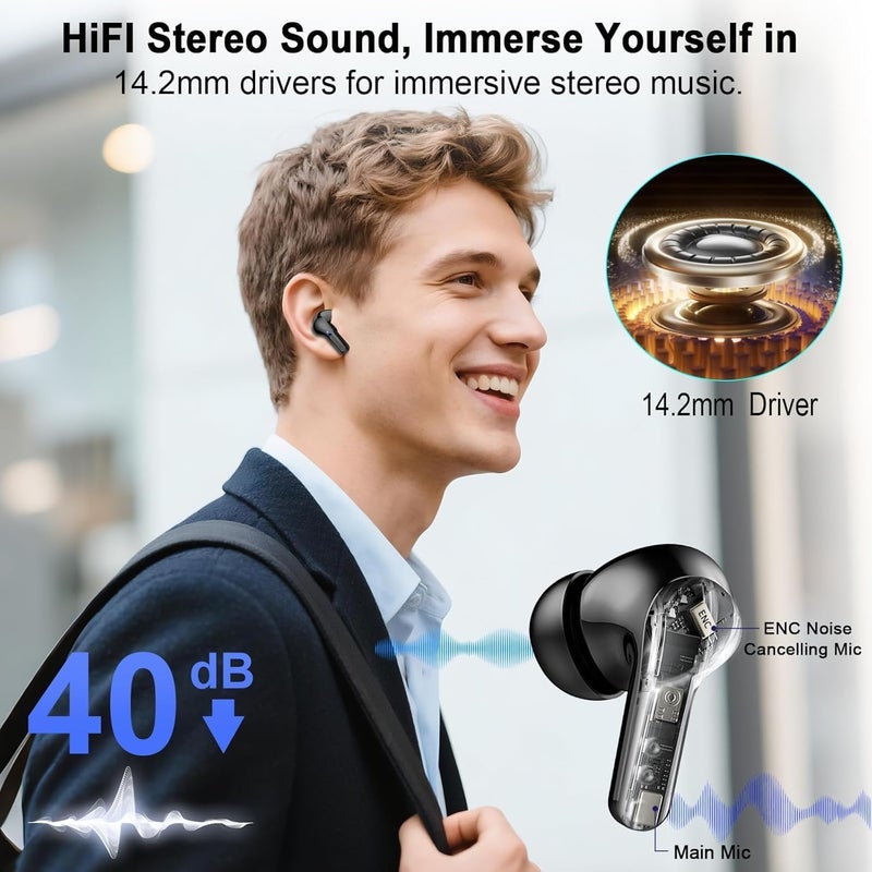 AOSRAU Wireless Earbuds, Bluetooth Headphones 5.4 HiFi Stereo, Ear Buds with 4 ENC Noise Cancelling Mics, 48H Bluetooth Earbuds with Dual LED Display, IP7 Waterproof in Ear Earphones for Android iOS, Black - Image 2