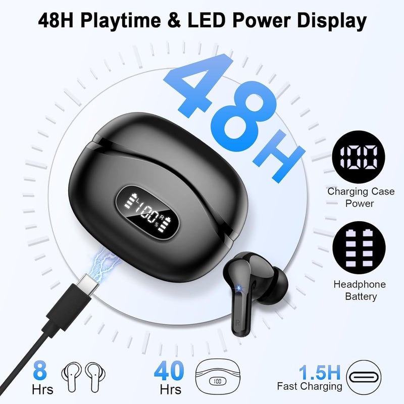 AOSRAU Wireless Earbuds, Bluetooth Headphones 5.4 HiFi Stereo, Ear Buds with 4 ENC Noise Cancelling Mics, 48H Bluetooth Earbuds with Dual LED Display, IP7 Waterproof in Ear Earphones for Android iOS, Black - Image 4