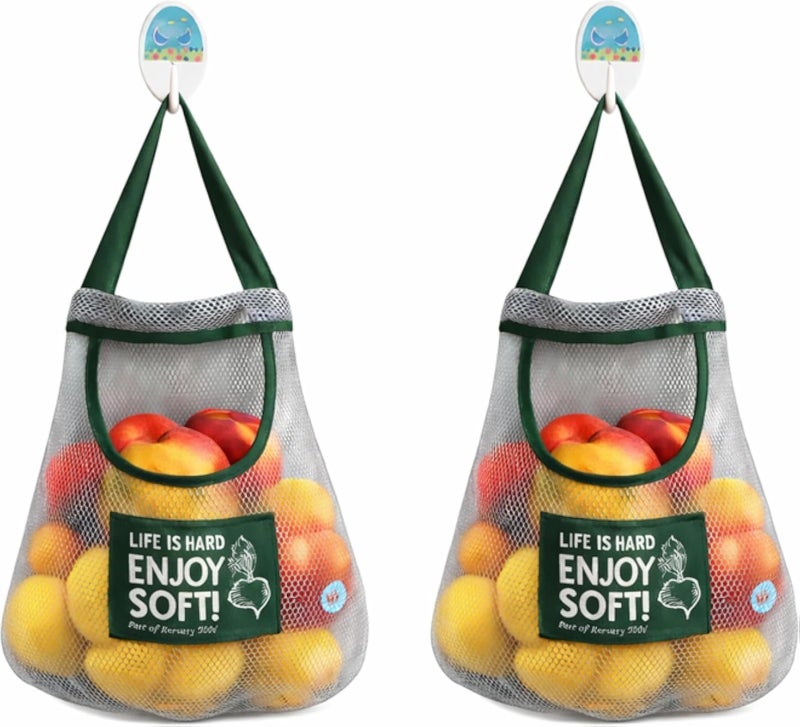 أكياس تخزين شبكية متينة وقوية وقابلة لإعادة الاستخدام، مناسبة للفواكه والخضراوات والثوم والبطاطس... (عبوتان)