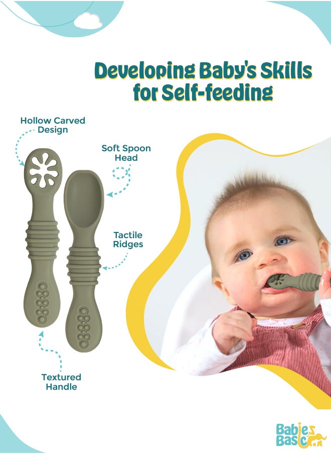 Babies Basic Soft Tip Bpa Free Silicone First Stage Training Spoon With Masher- Bottle Green  - Image 2