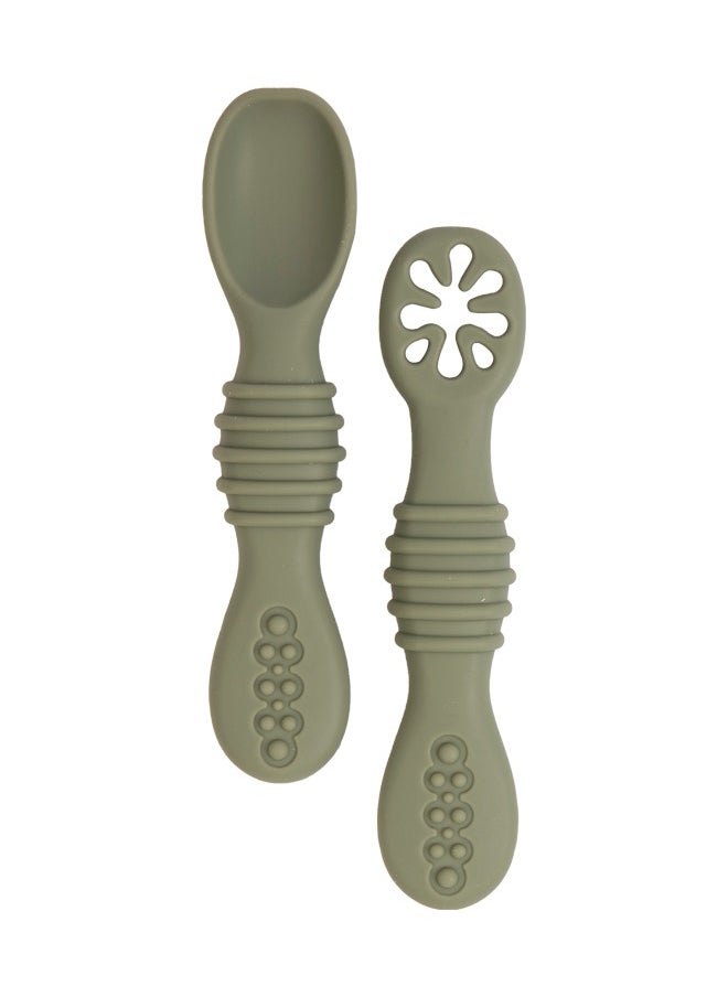 Babies Basic Soft Tip Bpa Free Silicone First Stage Training Spoon With Masher- Bottle Green  - Image 1