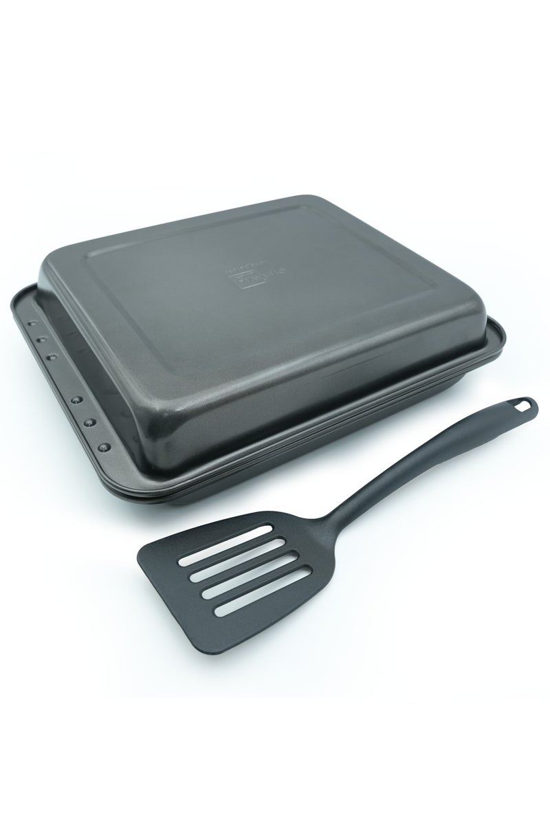Beram 3-Piece Square Non-Stick Roasting Tray Set with Coating, Oven Bakeware Tray with Lid and Spatula, Steel Baking Dish for Roasting, Lasagna, Vegetables, Chicken –36 × 29 × 5.5 cm - Image 1