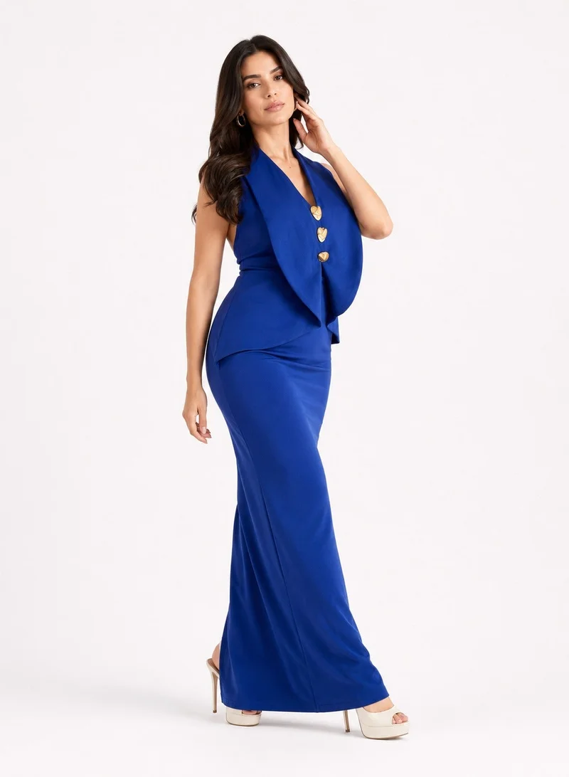 Opera Fashion Royal Blue Long Off-Shoulder Crepe Dress
