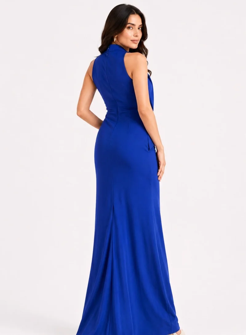 Opera Fashion Royal Blue Long Off-Shoulder Crepe Dress