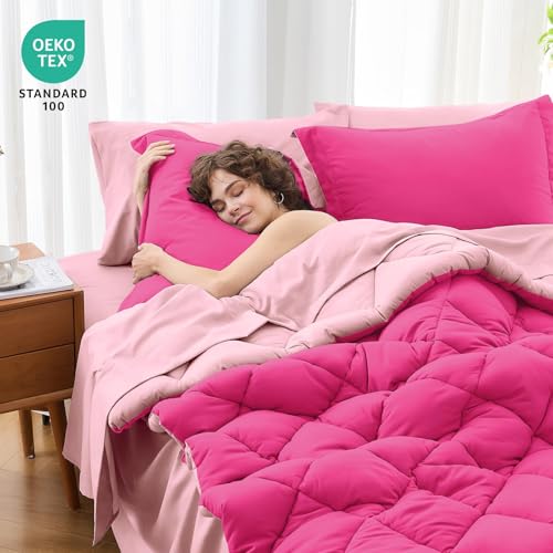 MUXHOMO 5 Pieces Twin XL Comforter Set Reversible Bed in a Bag Twin XL Size All Season Bedding Set with Comforter Flat Sheet Fitted Sheet Pillowcases Shams Hot Pink Baby Pink - Image 3