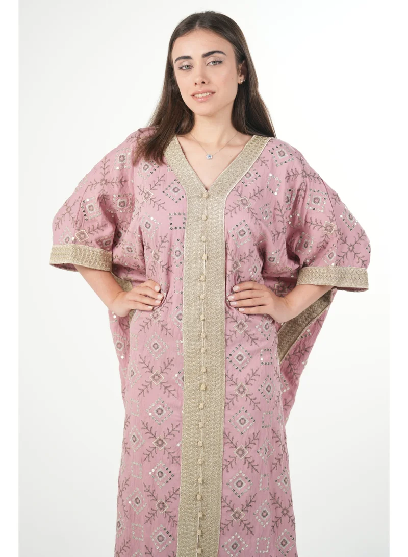 AL BENT AL SHARQIEH pink Free size women embroidered jalabiya dress with invisible belt for Women | Best Price UAE