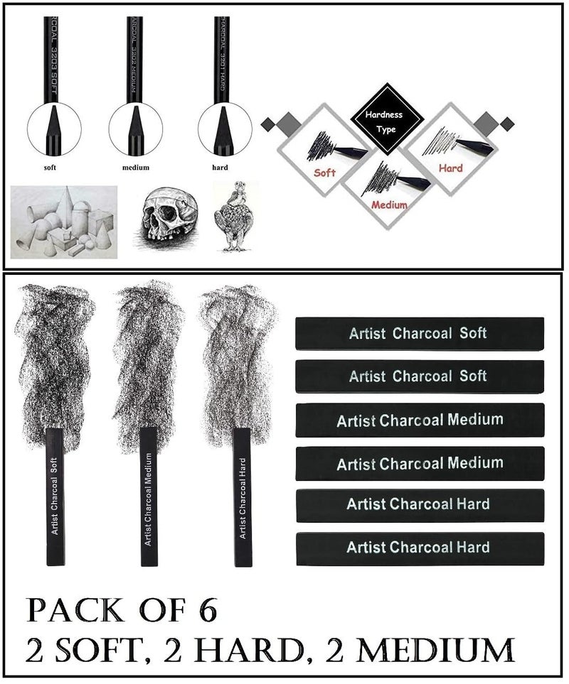 ART RANGER Art Ranger 3 Pcs White Medium Charcoal Pencil 6 Pcs Compressed Charcoal Sticks For Shading Soft Medium Hard and 3 Pcs Black Woodless Charcoal Pencils Set Soft Medium and Hard  - Image 2