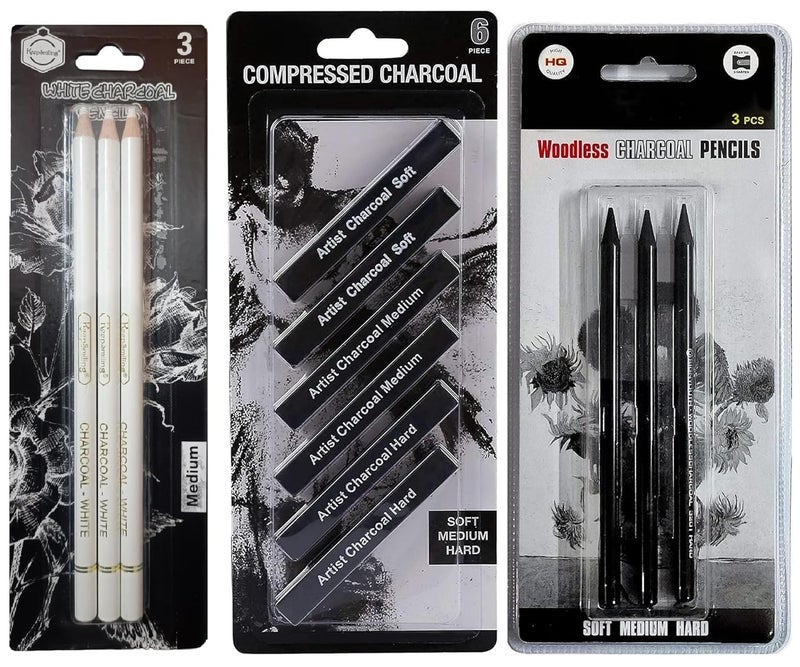 ART RANGER Art Ranger 3 Pcs White Medium Charcoal Pencil 6 Pcs Compressed Charcoal Sticks For Shading Soft Medium Hard and 3 Pcs Black Woodless Charcoal Pencils Set Soft Medium and Hard  - Image 1