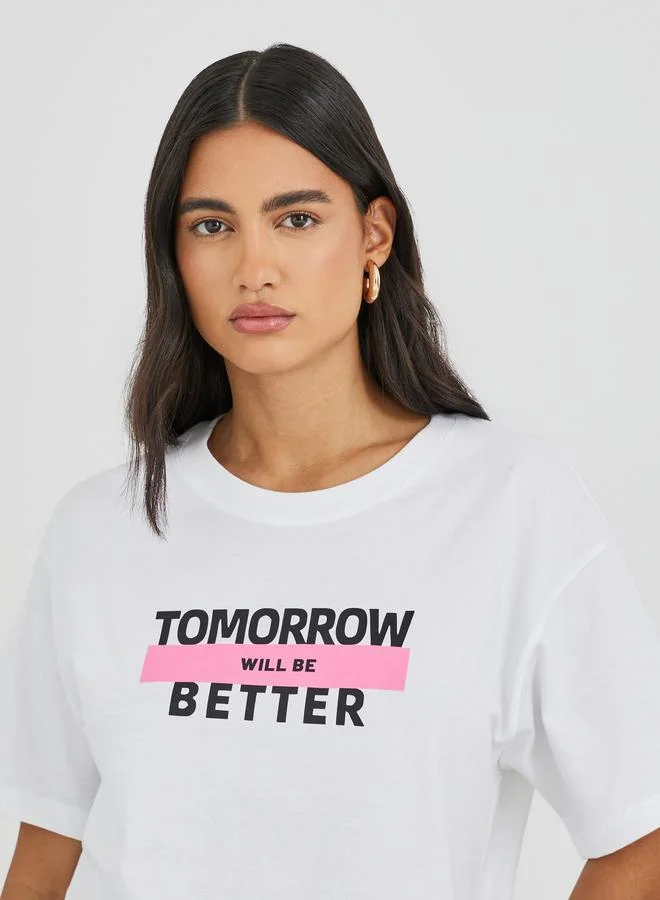 Slogan Print Oversized Round Neck T-Shirt