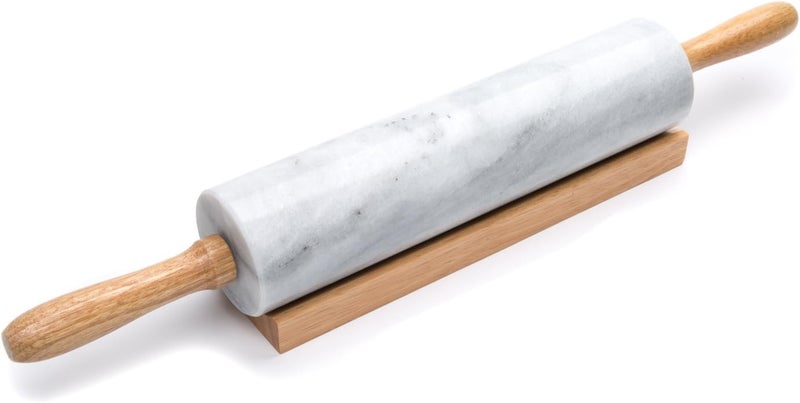 Fox Run Polished Marble Rolling Pin with Wooden Cradle, 10-Inch Barrel, White - Image 1