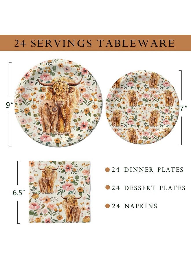 73Hours Highland Cow Party Plates Napkins, Boho Floral Highland Cow Baby Shower Decorations for 24 Guests, Disposable Tableware for Farmhouse Theme Birthday Party Supplies - Image 2